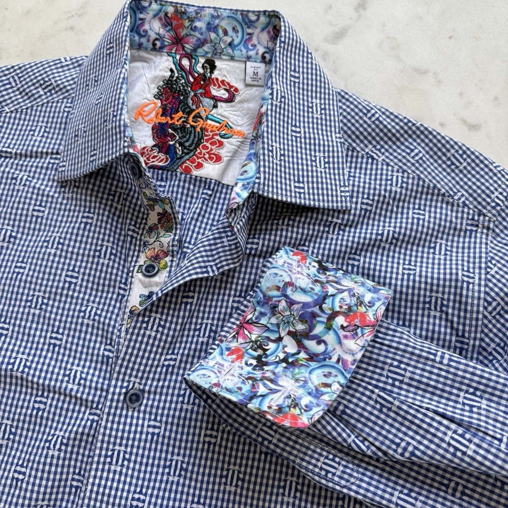 Robert Graham Flip Cuff Shirt Mens Medium Blue White Gingham Polka Dot‎ USA
